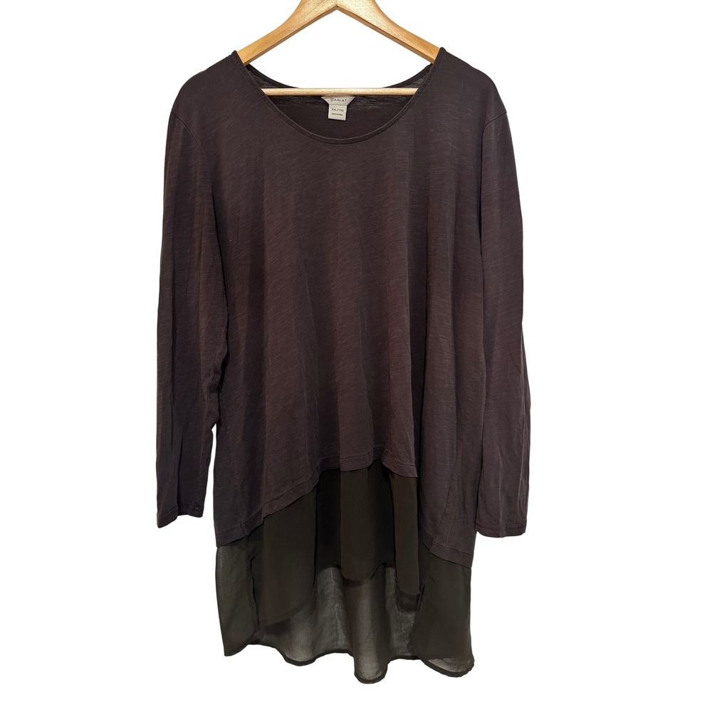 Ariat Brown Long Sleeve Layered Chiffon Hem Tunic Top Size XXL Lagenlook Western